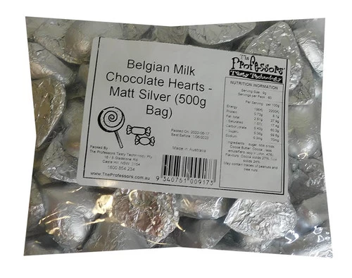 Belgian Milk Chocolate Hearts - Matte Silver (500g Bag) 3 Belgian Milk Chocolate Hearts - Matte Silver (500g Bag)